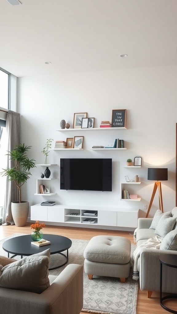 A modern living room with creative wall shelving, featuring a television, decorative items, and a cozy seating area.