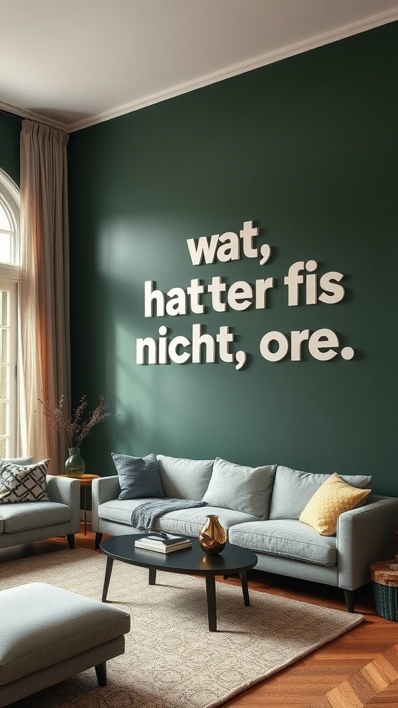 Living room with dark green walls, light gray sofas, and oversized wooden letters on the wall.