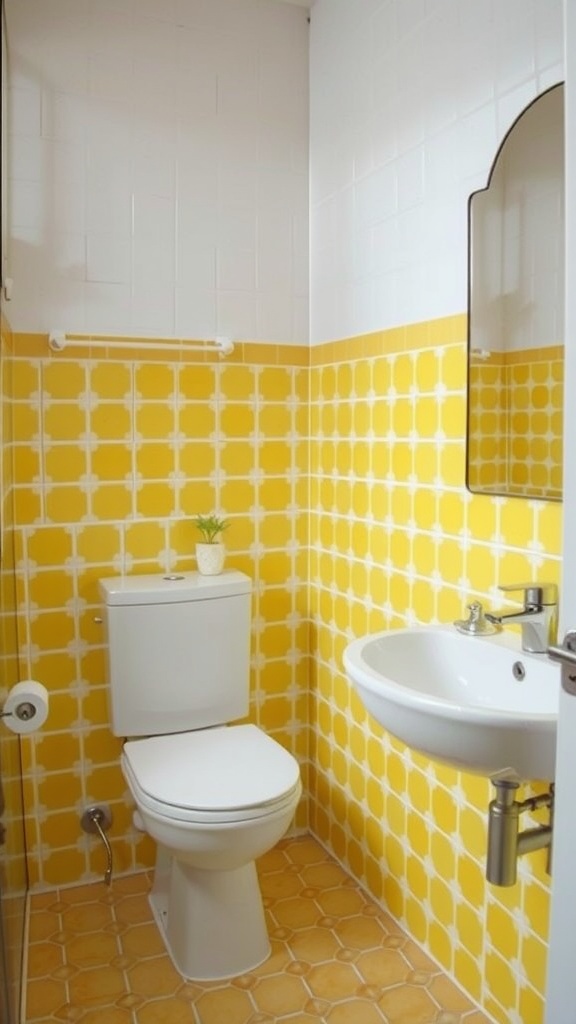 A bright yellow tiled bathroom with a simple square pattern, featuring a modern sink and toilet.