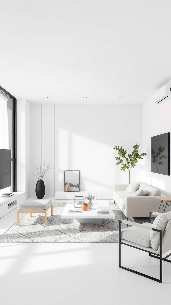 A bright and airy living room featuring crisp white walls and furniture, complemented by natural light and minimal decor.