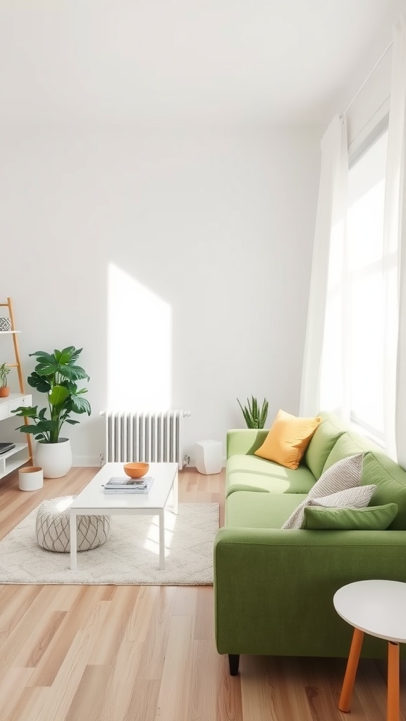 A bright living room featuring a green sofa, white walls, and natural light.