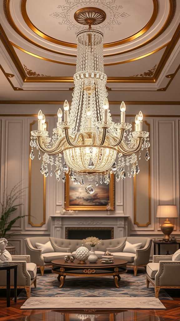 Elegant living room featuring a crystal chandelier and stylish furniture