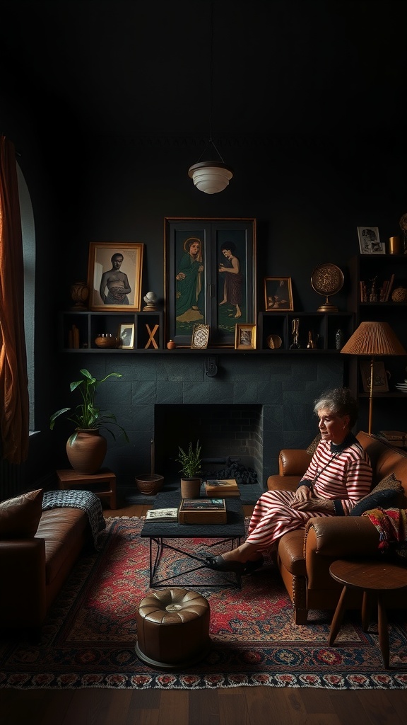 A dark boho living room featuring cultural artifacts, plants, and cozy furniture.