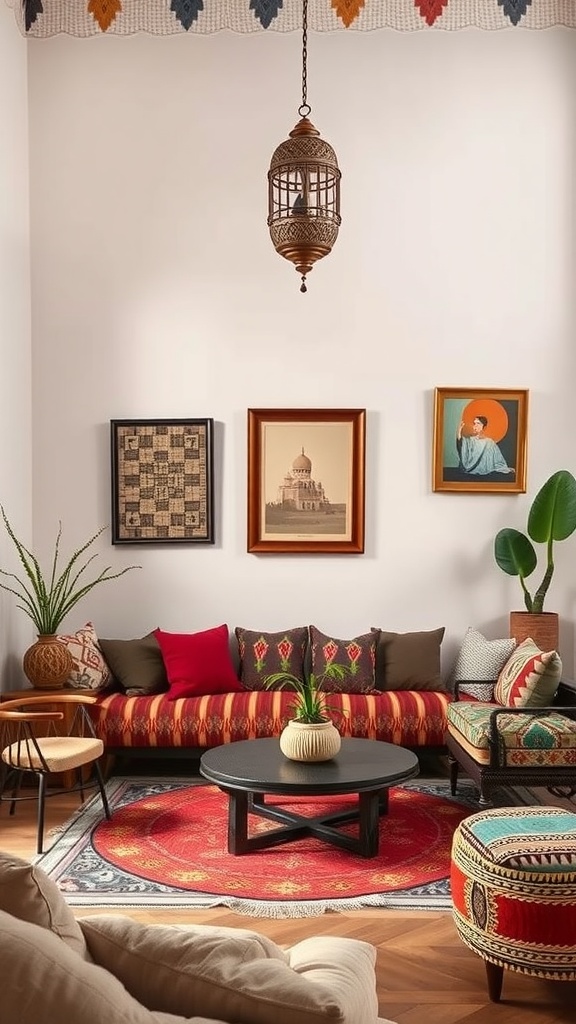 Moroccan living room with cultural artwork and traditional decor