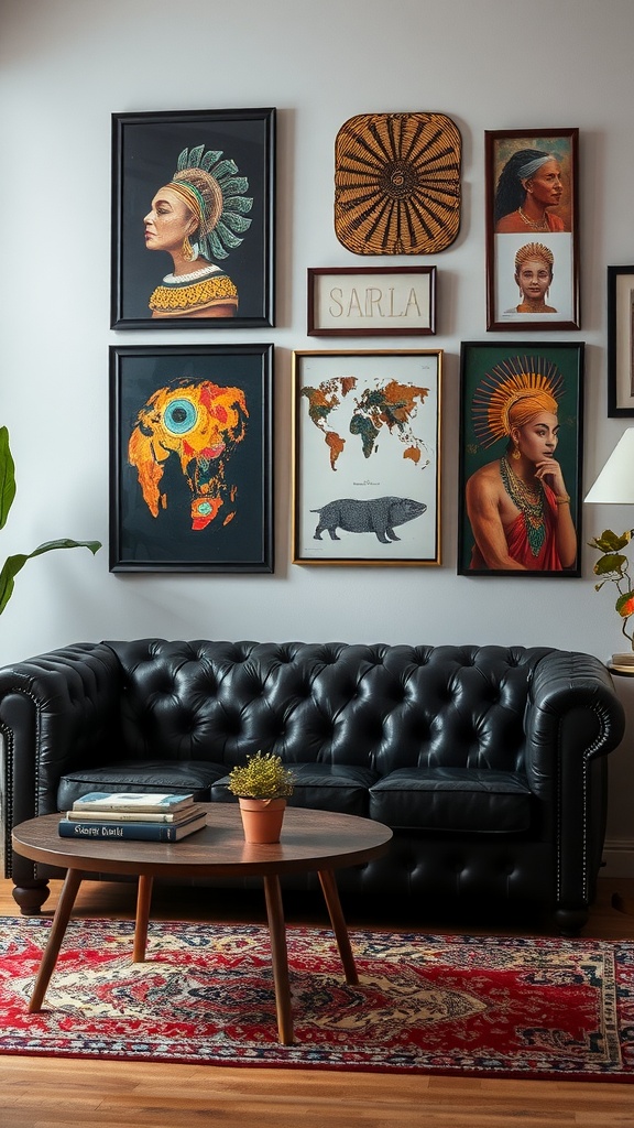 Living room featuring a black leather couch with cultural artwork on the wall