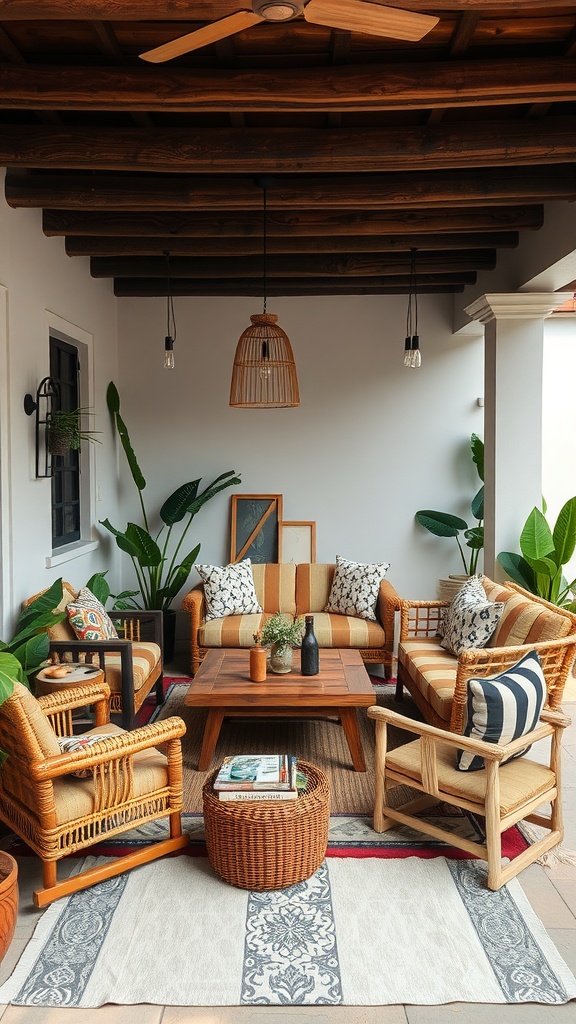 Outdoor living room featuring a mix of rattan furniture, decorative pillows, wooden ceiling, and green plants