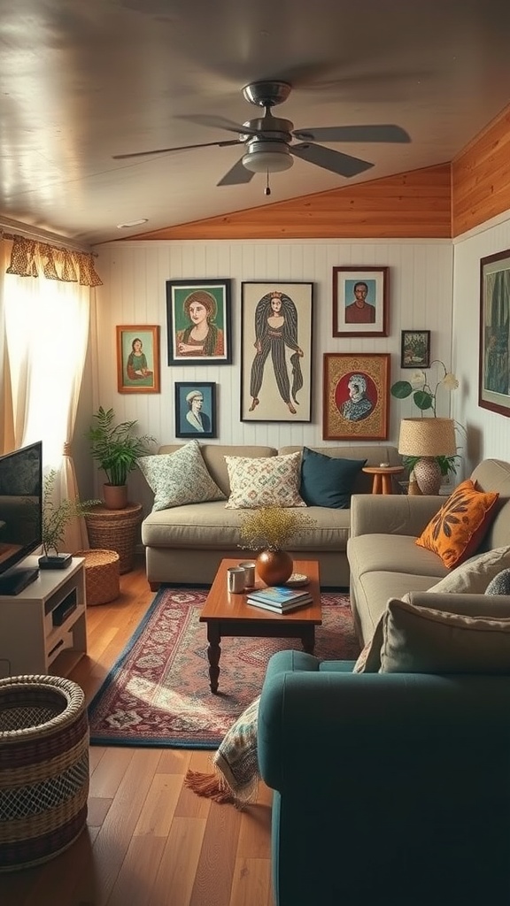 A cozy living room decorated with cultural heritage art, featuring portraits and plants.