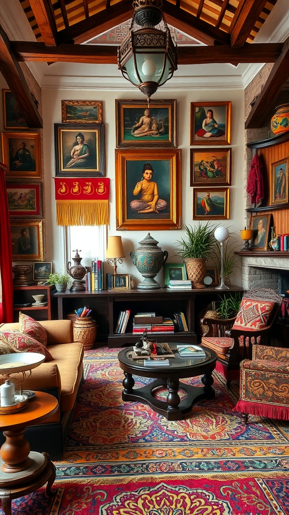 A culturally rich living room with framed paintings, vibrant rugs, and decorative pottery.