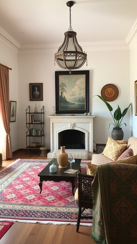 A cozy Moroccan living room featuring a chandelier, traditional artwork, and vibrant textiles.