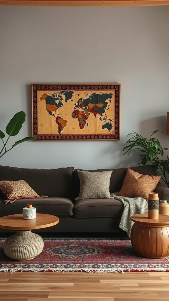 A cozy living room featuring a dark brown sofa with colorful cushions, a world map on the wall, and decorative tables.