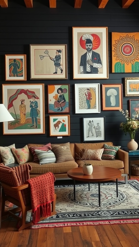 A living room featuring black shiplap walls adorned with colorful framed artwork, a cozy couch, and a woven chair.