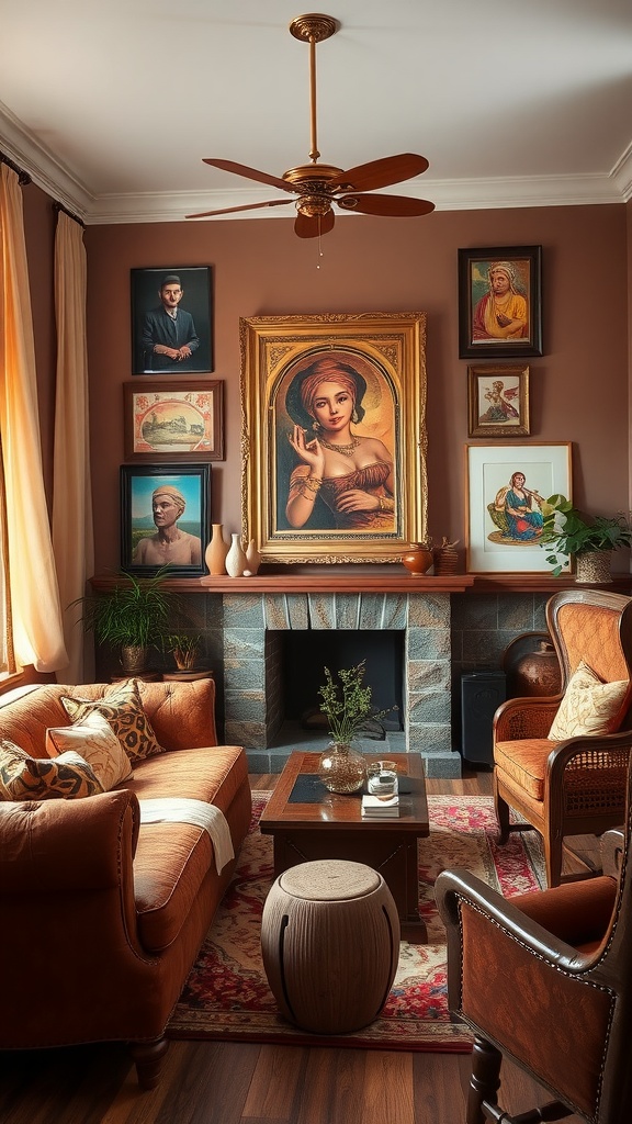 A cozy brown living room featuring artwork and natural materials.