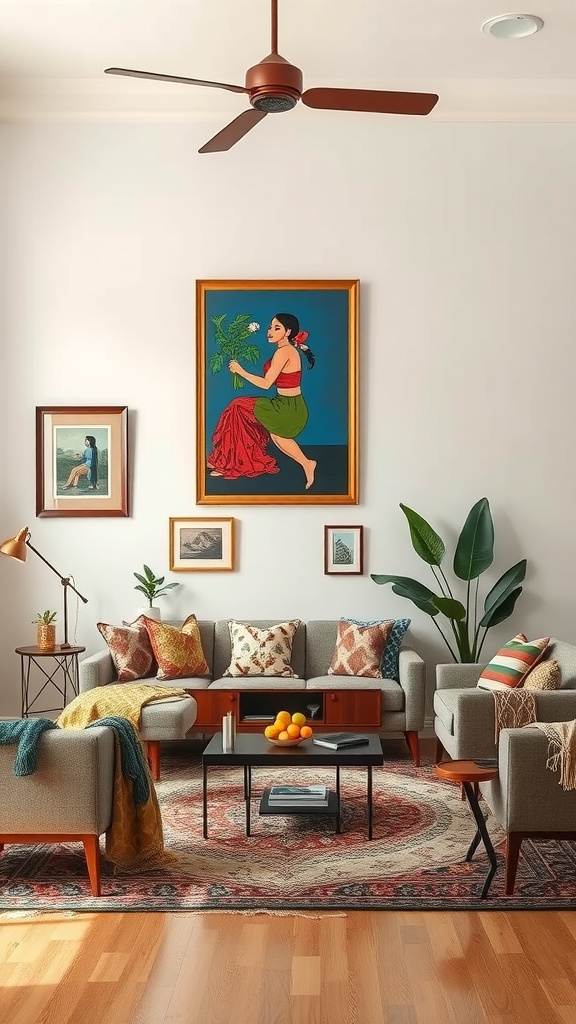 A cozy living room featuring cultural artwork, comfortable sofas with patterned cushions, plants, and a traditional rug.