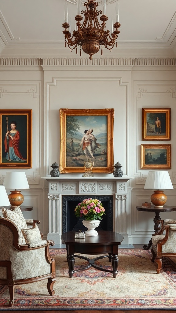 A formal living room with elegant furniture, framed artworks, and a chandelier.