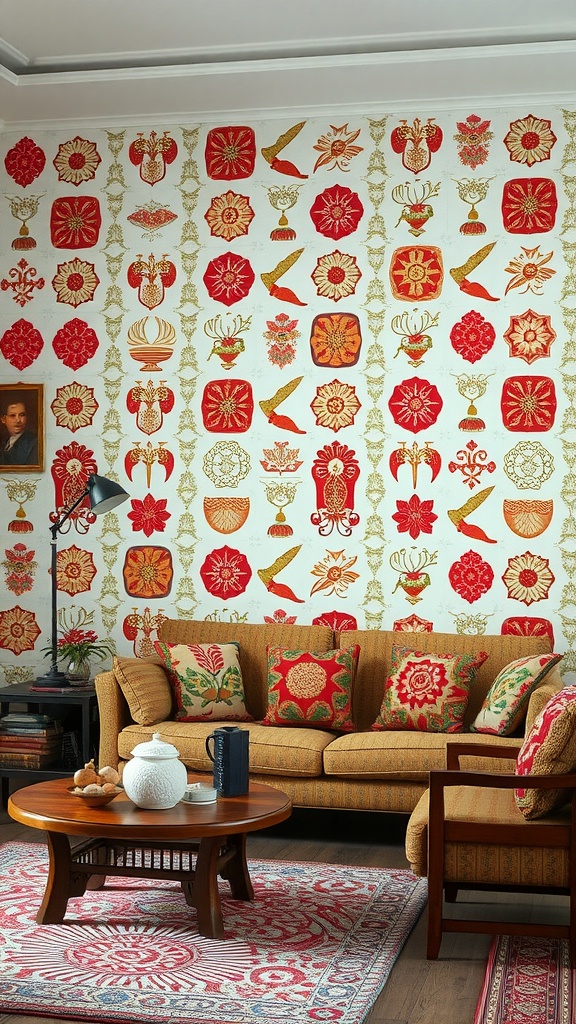 Living room featuring wallpaper with cultural motifs and symbols in red and gold.