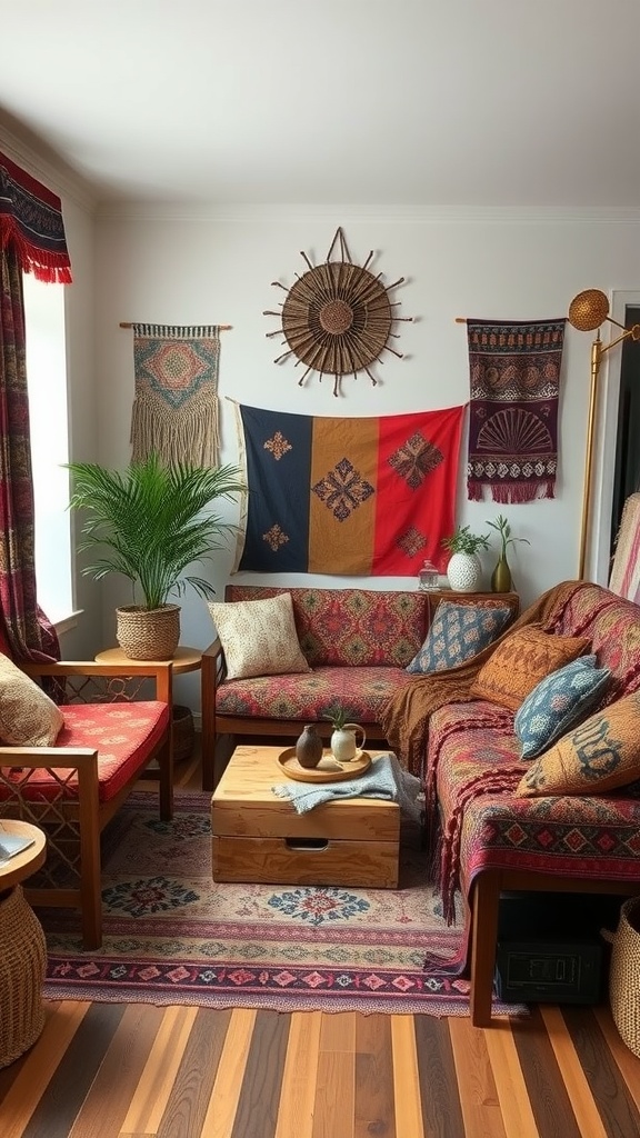 A boho-style living room featuring cultural textiles with vibrant patterns, wooden furniture, and plants.