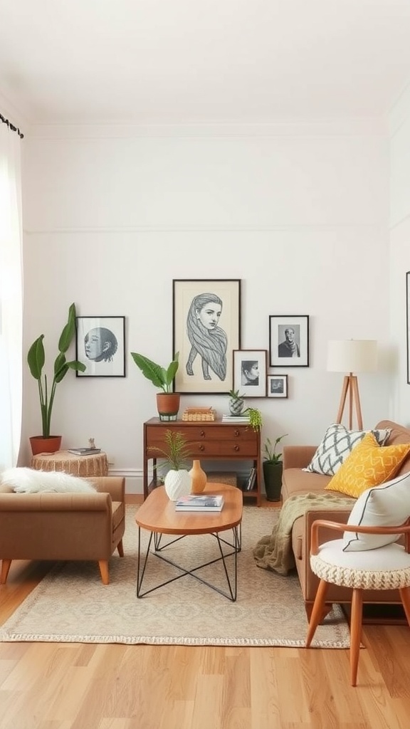 A small living room featuring curated accessories, including artwork, plants, and cozy furniture.