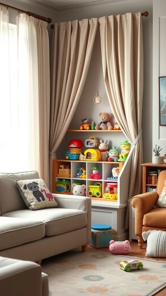 Living room with a curtained toy nook displaying various toys on a shelf