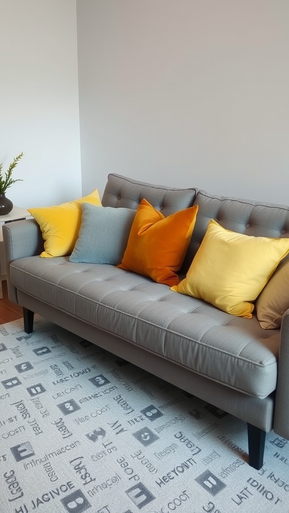 A grey sofa with a cluster of yellow and grey cushions, set on a patterned rug