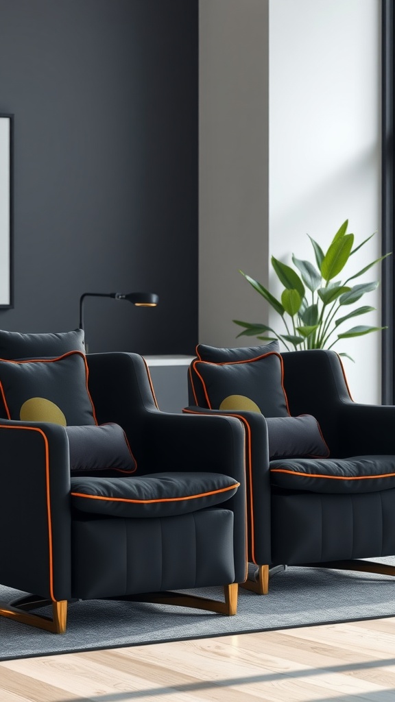 Cushioned black chairs with orange trim in a modern living room