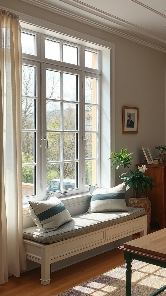 A bright living room featuring a cushioned window seat with striped pillows, a nearby plant, and large windows allowing natural light.