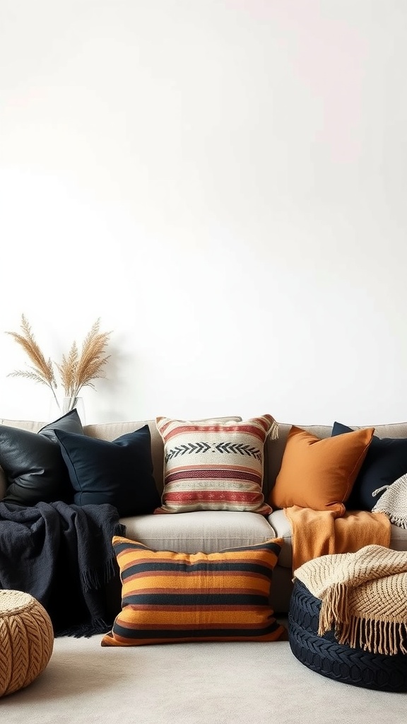 A cozy living room with a sofa decorated with various cushions and throws in black, tan, and earthy tones.