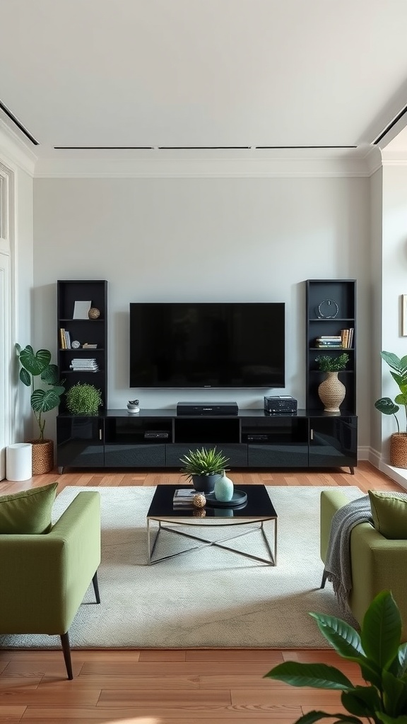 Living room with a black entertainment center, green armchairs, and plants