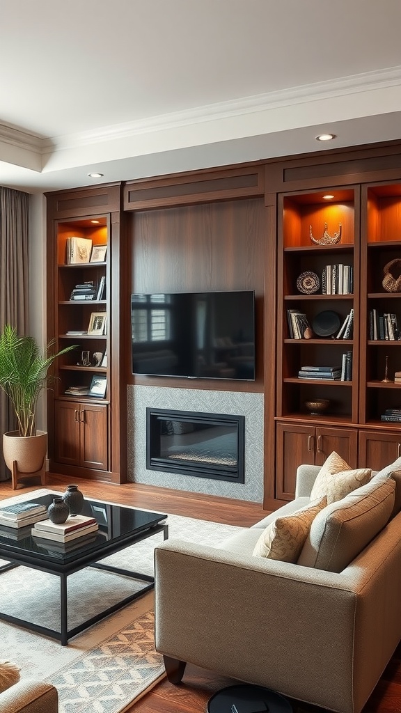 A cozy living room featuring custom brown built-ins for storage, a television, and soft furnishings.