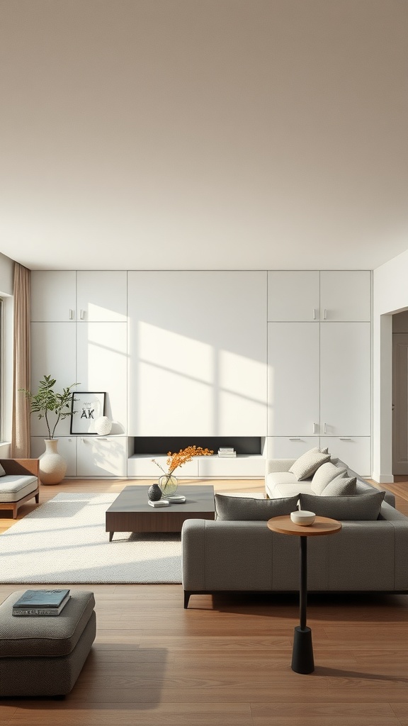 A minimalist bohemian living room featuring custom built-in cabinetry and natural lighting.