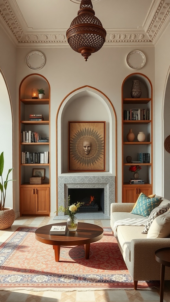 A Moroccan living room featuring custom built-in shelving, a cozy seating area, and decorative elements.