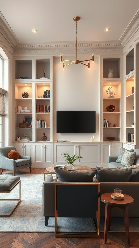 A cozy living room featuring custom built-in shelves and a stylish design.