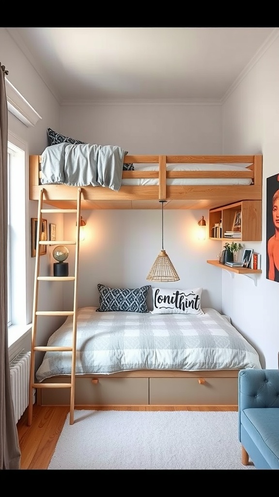 A cozy custom loft bed in a small room, featuring a top sleeping area, a spacious lower bed, and stylish decor.