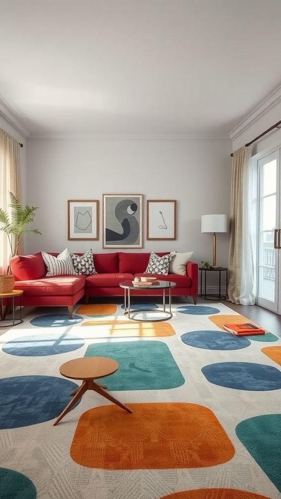 A vibrant living room featuring a custom printed carpet with colorful shapes, a red sofa, and modern decor.