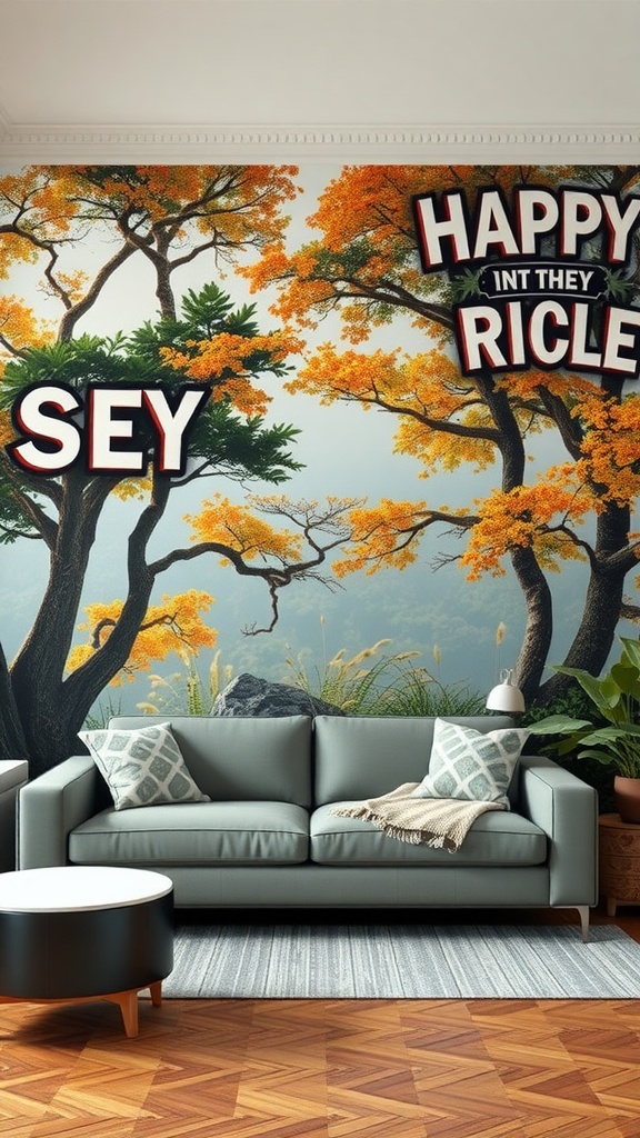 Cozy living room featuring custom wallpaper with vibrant trees and cheerful text.