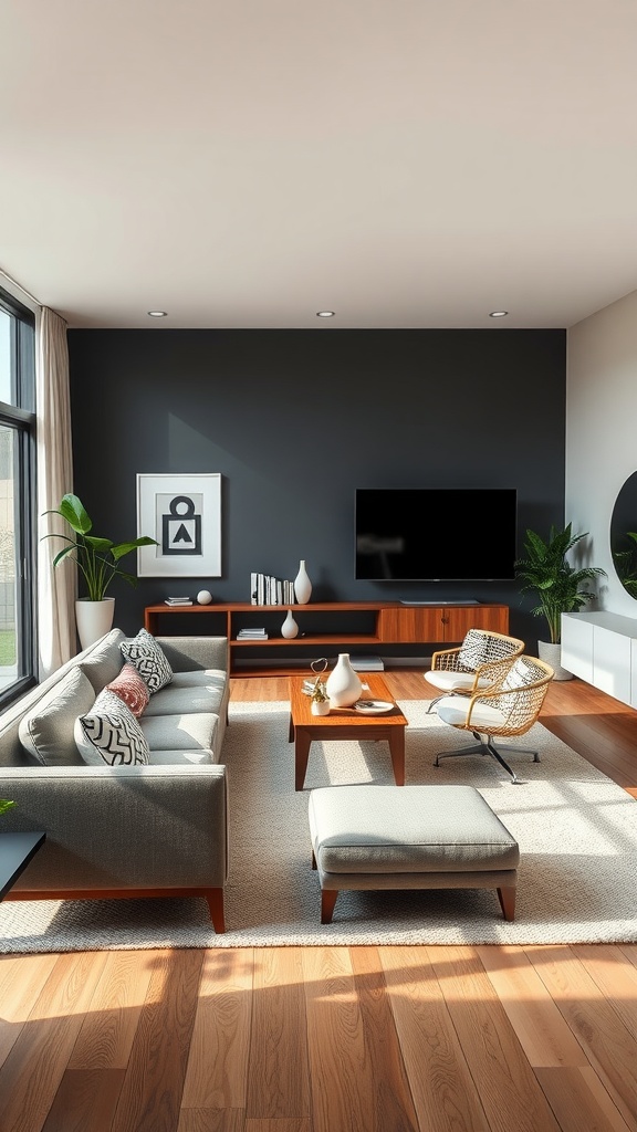 A cozy living room featuring modular seating, a coffee table, and modern decor.