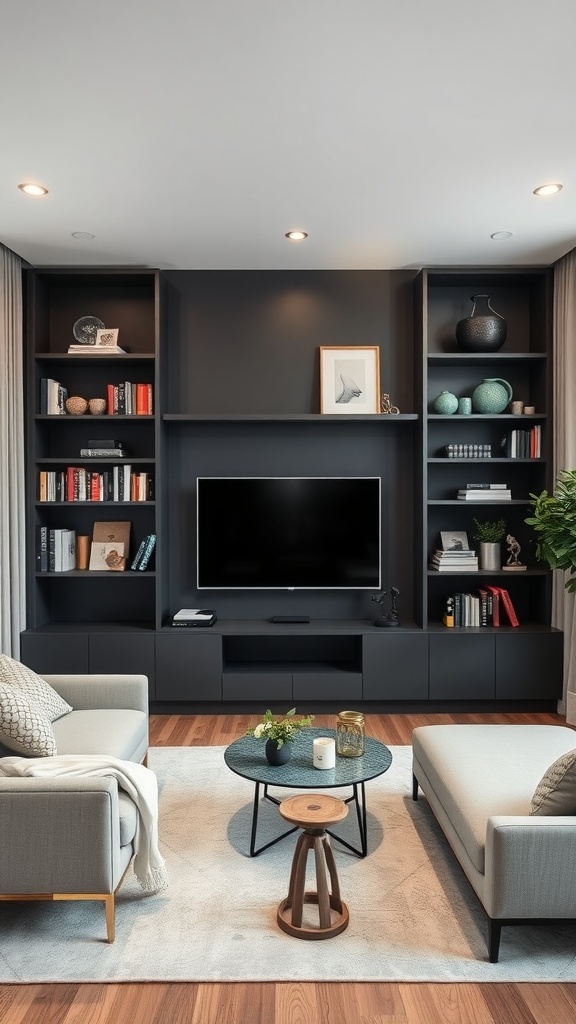 A modern living room featuring customized built-in shelving, a TV, and cozy seating.