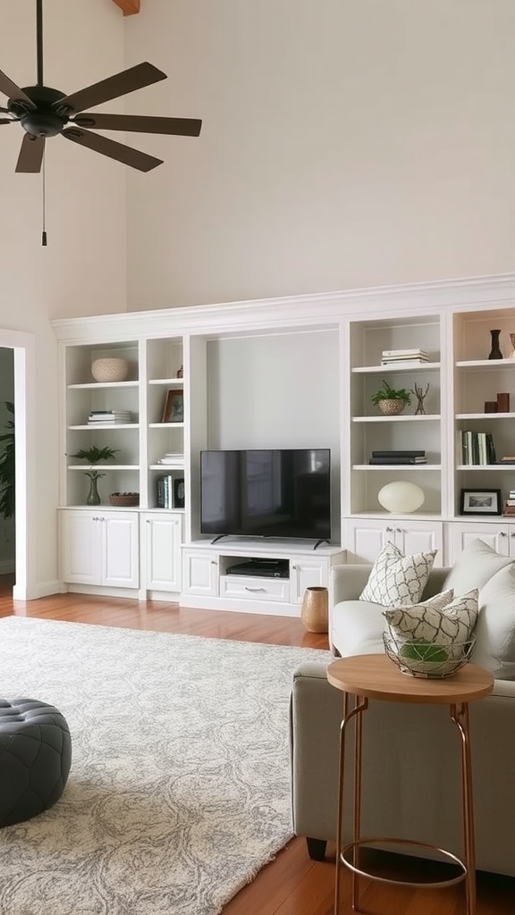 Living room with customized built-in shelves and a television.