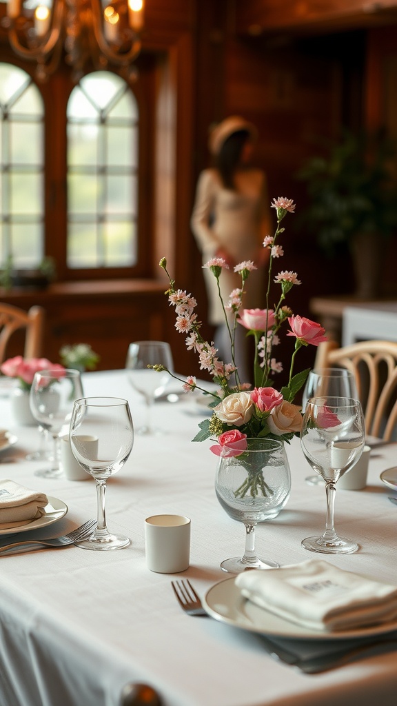 A beautifully set dinner table with floral arrangements and glassware, showcasing customized guest favors.