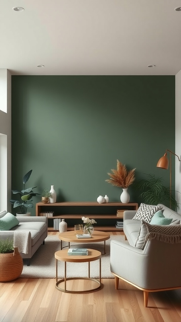 Living room featuring a cypress green accent wall with light-colored furniture and natural decor elements.