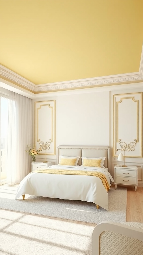 A bright yellow ceiling in a bedroom, complemented by white walls and elegant decor.