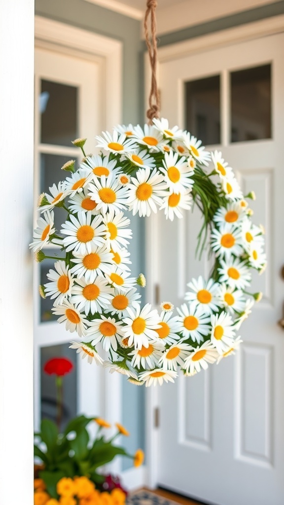 A floral wreath made of white daisies with yellow centers, hanging on a door.