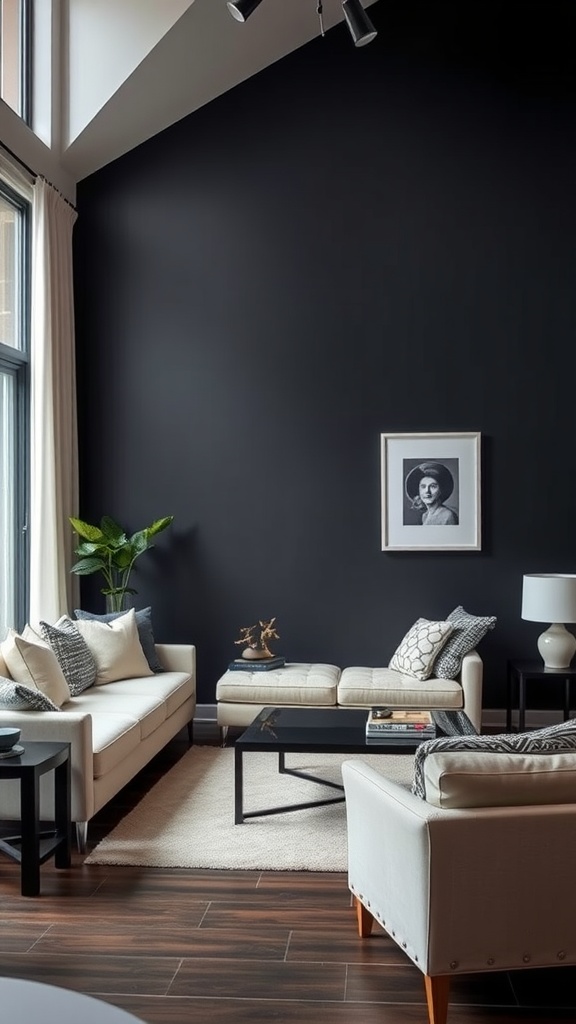 Living room with a dark accent wall, featuring white furniture and a green plant