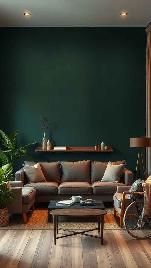 Living room featuring dark forest green walls, gray furniture, and wooden elements