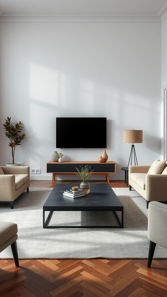 A living room featuring a dark gray coffee table with books and a vase on it, surrounded by light-colored furniture and a TV.