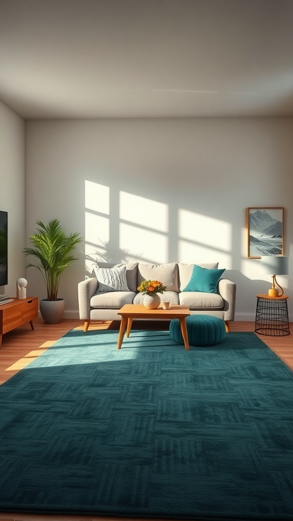 Living room featuring a dark green area rug, light-colored sofa, and wooden furniture