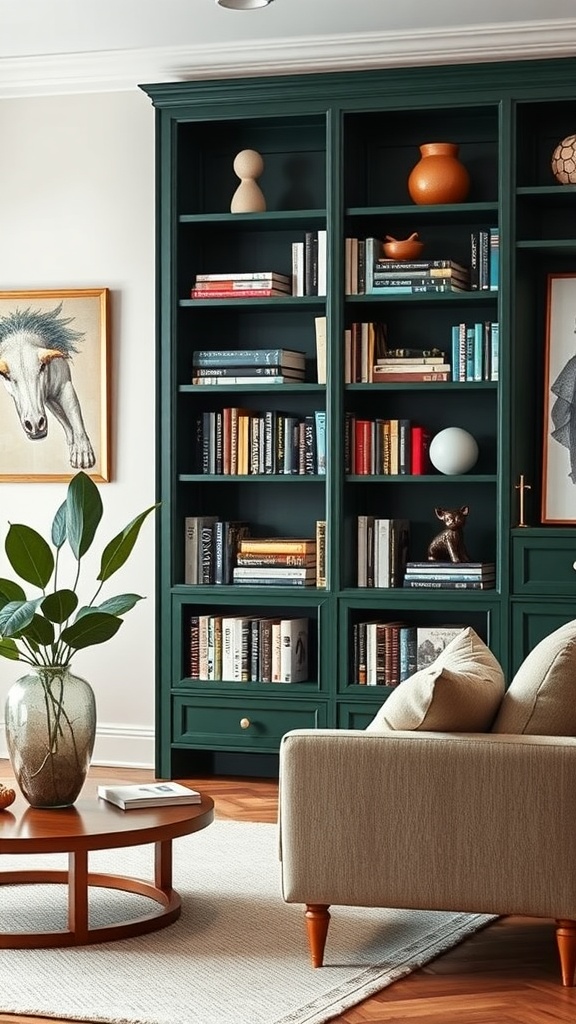 A dark green bookcase filled with books and decorative items in a living room setting.