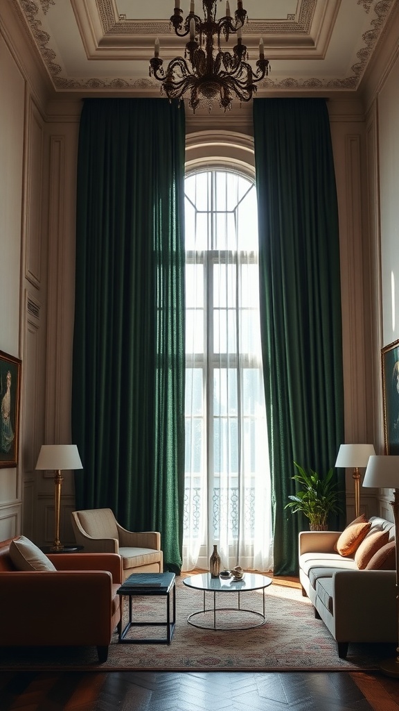 Living room featuring dark green curtains, beige sofas, and a stylish chandelier