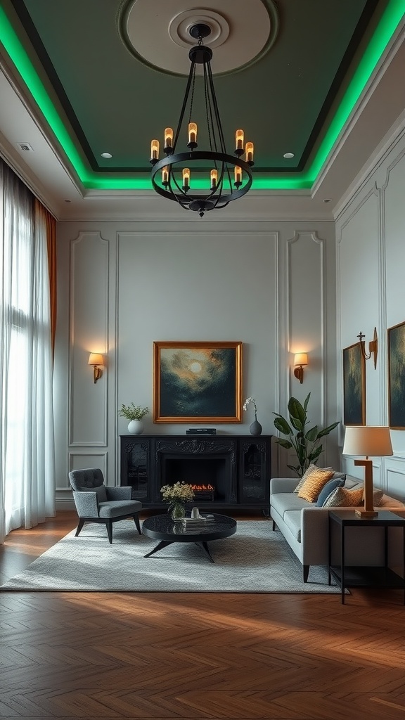 A stylish living room featuring dark green lighting fixtures including a chandelier and LED strip lighting.