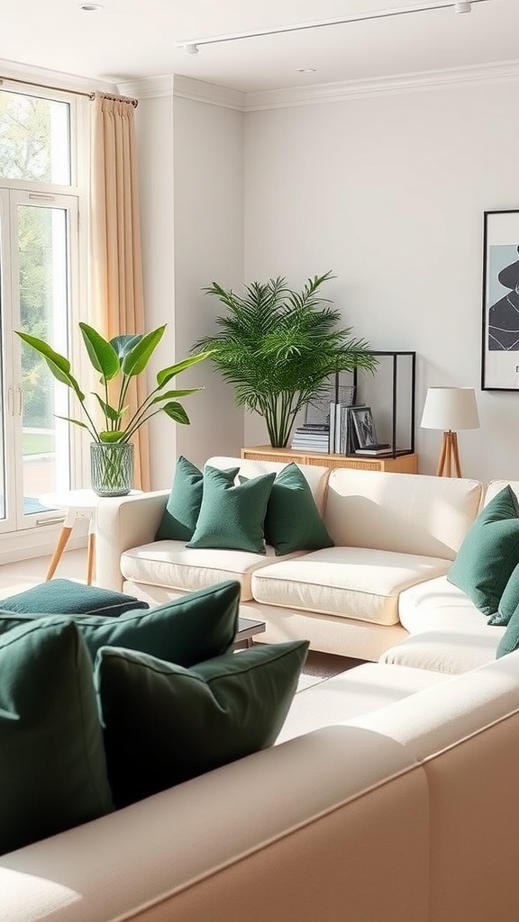 A cozy living room with a light sofa adorned with dark green throw pillows, complemented by indoor plants and soft lighting.