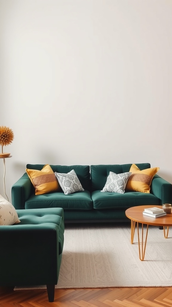 A stylish dark green velvet sofa with colorful accent pillows, surrounded by a light rug and a wooden coffee table.